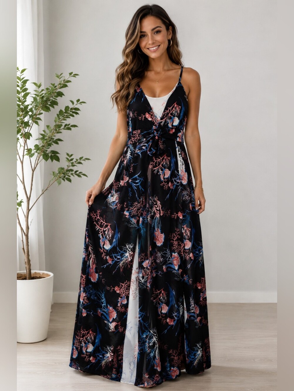 Black Floral V-Neck Maxi Dress with Pink & Blue Accents